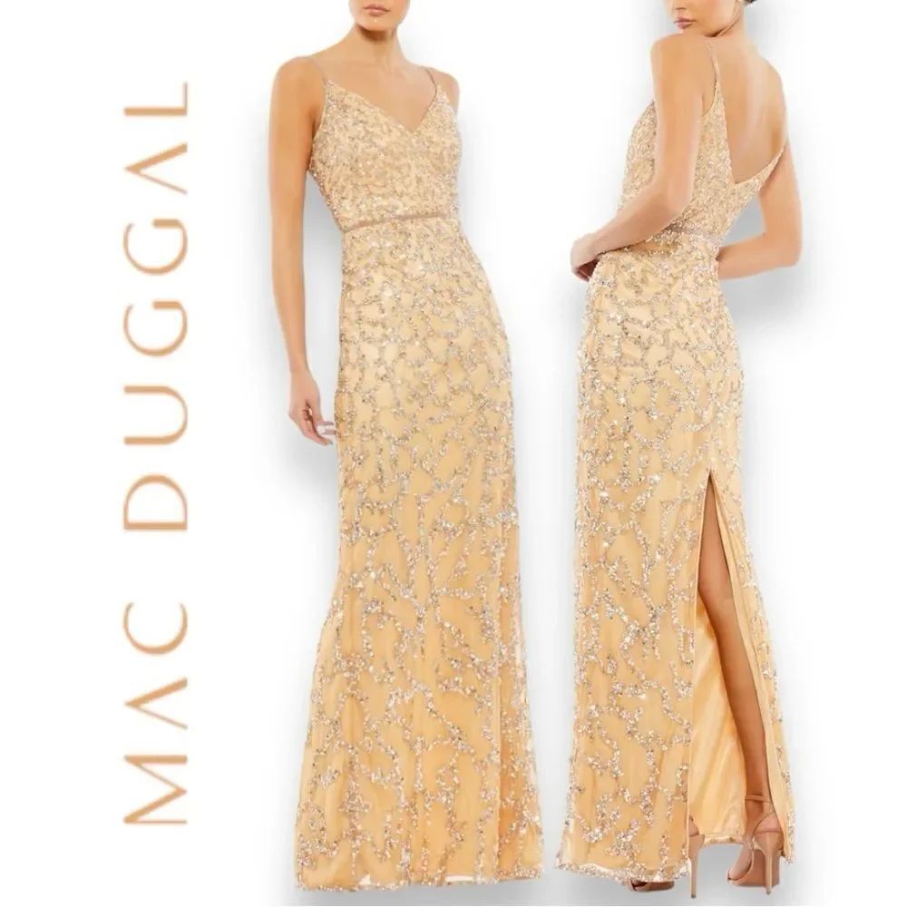 MAC DUGGAL Women’s Embellished Beaded Sleeveless V-Neck Column Gown in Size 4
